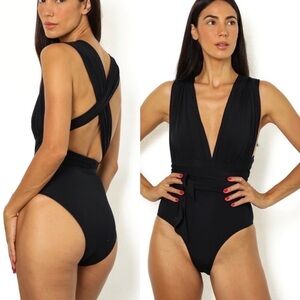 AGUA ONE PIECE SWIMSUIT BRAZILIAN HARMONY MAILLOT BLACK TIE AROUND WAIST MEDIUM